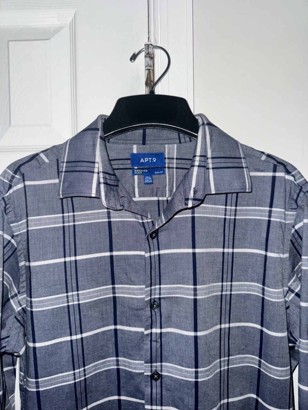 Apt. 9 Premier Flex Slim Fit Dress Shirt Mens 15.5 34/35 Gray Navy Plaid Stretch - Picture 4 of 10